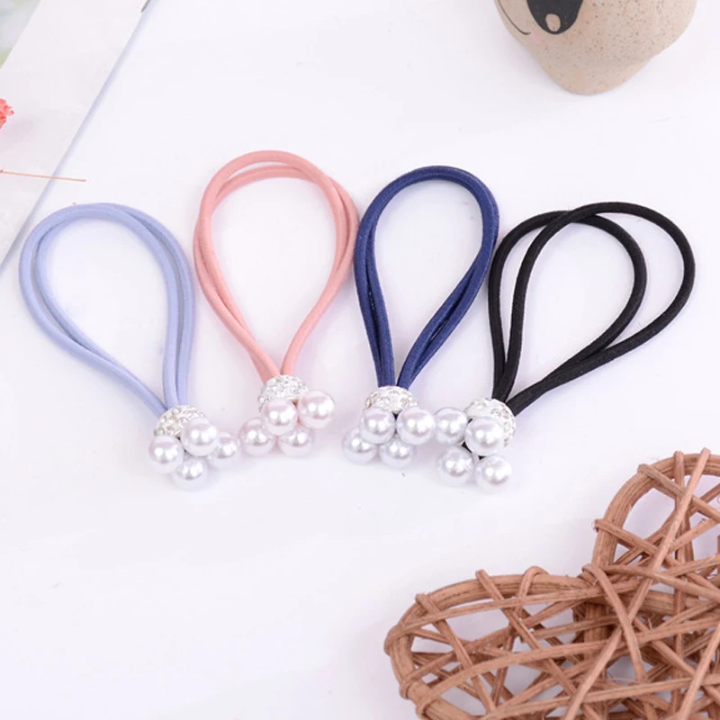 1PC/3PCS Unique Navy Blue Korean Pink Pearl Adjustable Blue Black Elastic Hair Rope Valentines Gift