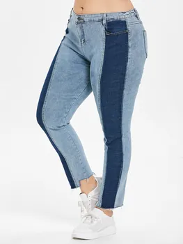 

Wipalo Women Plus Size Color Block High Waist Jeans Panelled Bleached Ladies Denim Jeans Casual Pencil Pants Female Trousers