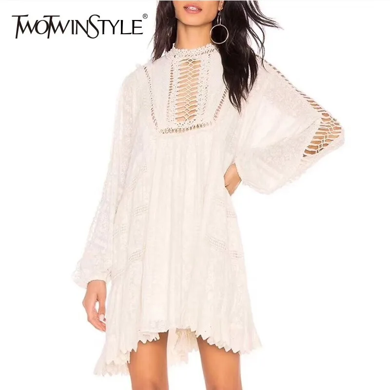 

TWOTWINSTYLE Hollow Out Dress For Women O Neck Backless Bow Bandage High Waist Irregular Hem Mini Dresses Fashion Clothes New