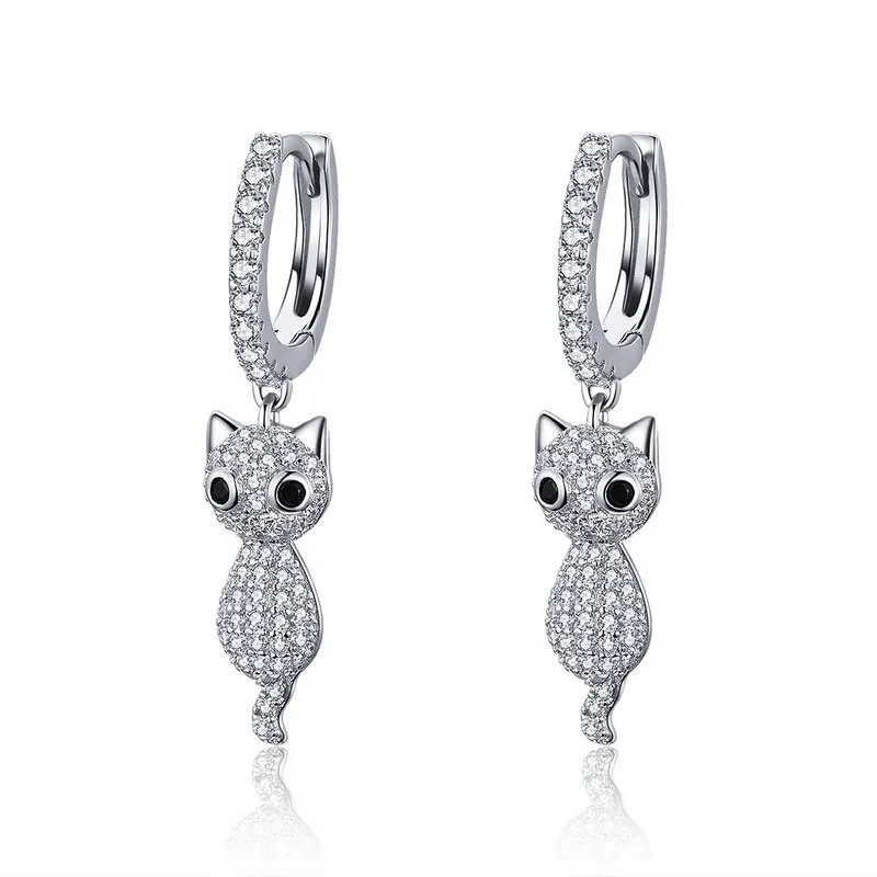 

925 Sterling Silver Cute Cat Crystal Pussy Dazzling Cubic Zircon Drop Earrings for Women Sterling Silver Jewelry SCE519 BAMOER