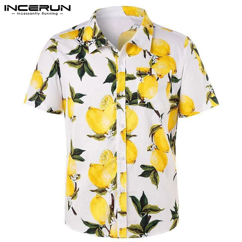 INCERUN летняя хлопковая повседневная мужская рубашка с принтом лимона, с отворотом, с коротким рукавом, топы, уличная пляжная гавайская рубашка, мужская рубашка