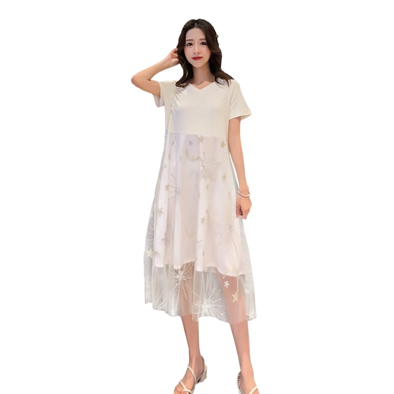 

2019 maternity fashion new embroidered dress short sleeve cotton patchwork mesh high waist pregnant women summer floral dress
