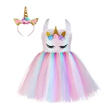 Детское Радужное платье-пачка с единорогом для девочек; лето г.; элегантные Детские вечерние платья принцессы на День рождения; фатиновое платье-пачка для малышей