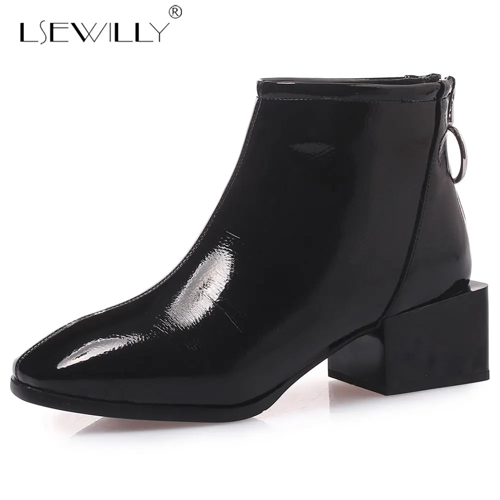 

Lsewilly Winter Boots women 2018 Black Ankle Boots For Women Thick Heel Back Zipper Ladies Shoes Black Red Martin Boots E311