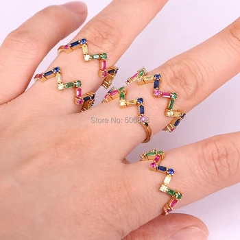 

ZYZ-R0046 gold color multi color eternity band delicate rainbow cz ring cute girl women colorful cz wave ring