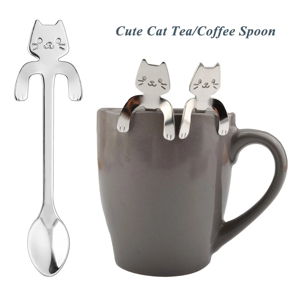 Cute Stainless Steel Cat Coffee Drink Spoon Tableware Kitchen Tool Hanging Cup 