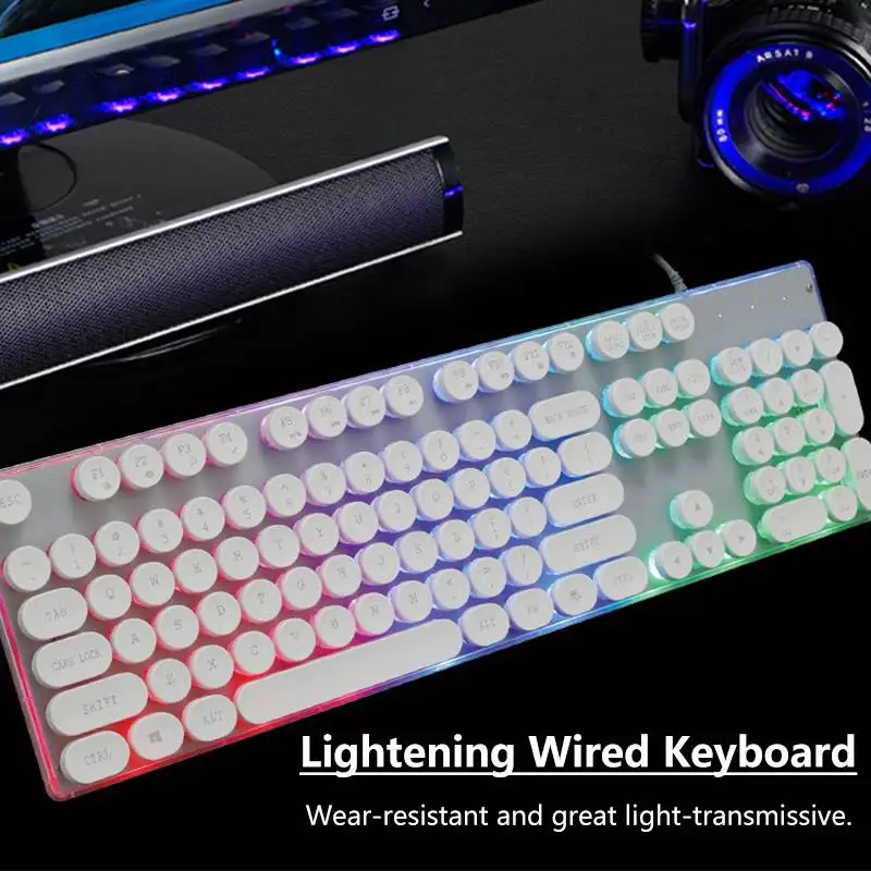 

Backlit Gaming Keyboard White Retro Round 104 Keys Mute Suspension Keycap USB Wired Glowing Metal Panels For Tablet Desktop