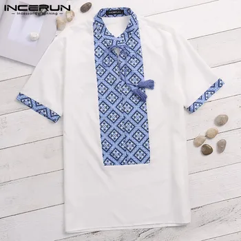 

INCERUN 2020 Summer Casual Men Shirt Print Lace Up Short Sleeve Stand Collar Blouse Tops Vintage Leisure Shirt Camisa Masculina