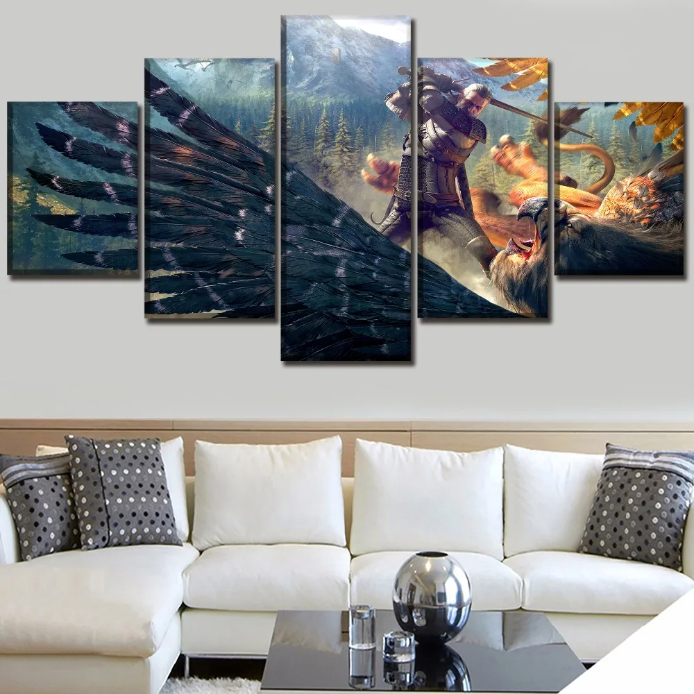 

5 Pieces Canvas HD Print Painting Wall Art Home Decor Game The Witcher 3 Wild Hunt Geralt Griffin Poster For Living Room Decor