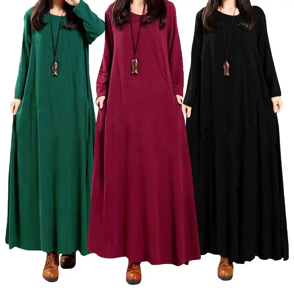 

Vintage Muslim Women Casual Loose Dress Solid Color Long Sleeve Ethnic Style Long Maxi Dresses Arab Islamic Clothing Ramadan New