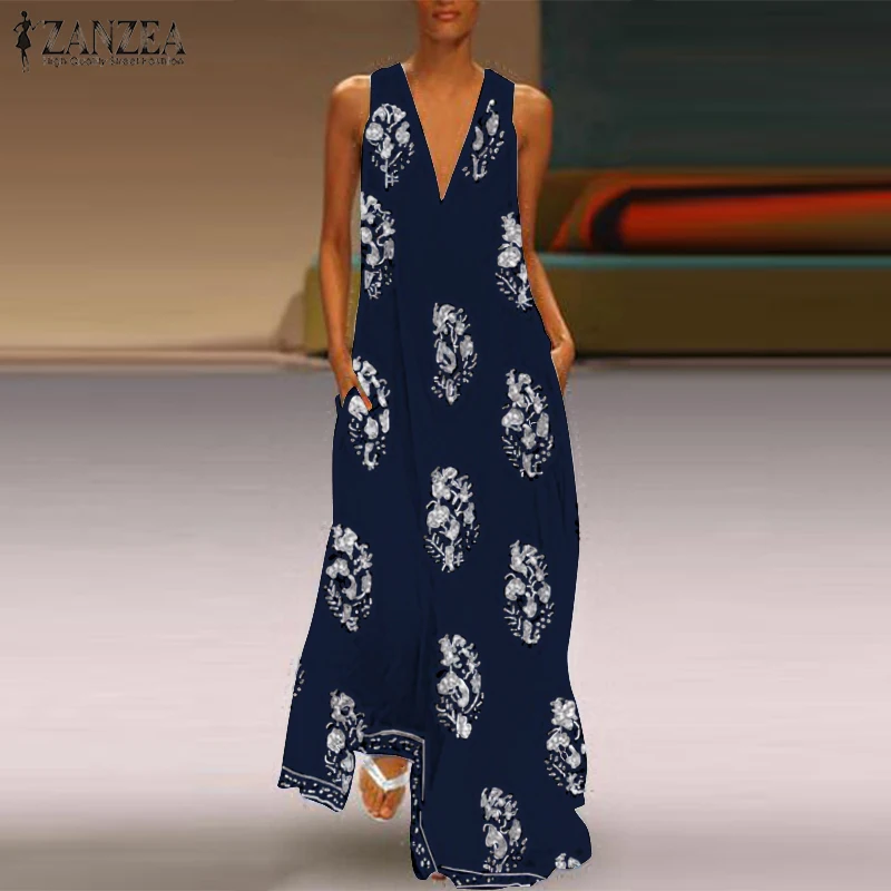 

ZANZEA Sexy V Neck Sleeveless Dress 2019 Summer Fashion Women Printed Beach Party Long Maxi Vestido Sundress Robe Female