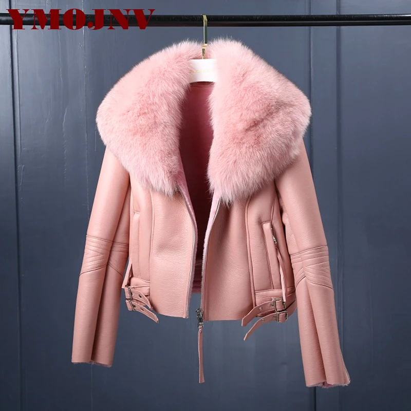 

YMOJNV Women Real Merino Sheep Fur Jacket Winter Natural Fox Fur Collar Bomber Jacket Genuine Shearing Sheepskin Leather Coats