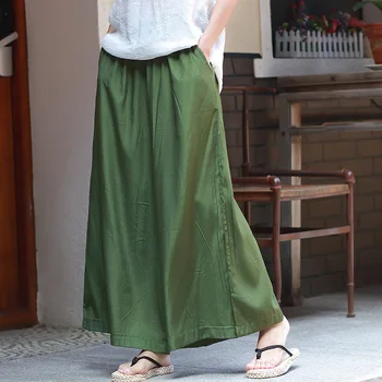 

Spring Summer Women Loose Thin Retro Lace Up Pants Girls Long Wide Leg Pants Flat Vintage Green Trousers Elastic Waist Plus Size