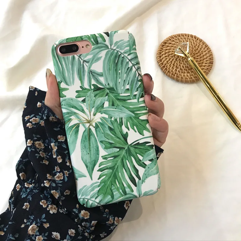 

Japanese Simple Fresh Green Leaves Phone Case For iPhone cover X XR XS fashion Retro art case For coque iPhone 8 7 6 Plus Fundas