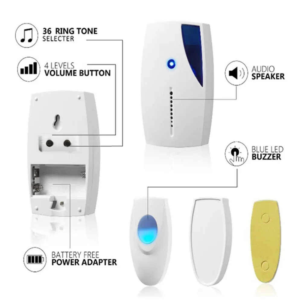 

3V Wireless Doorbell 36 Tunes Chimes 100M Range Digital Remote Control Door Bell LED Receiver 513E volume adjustable