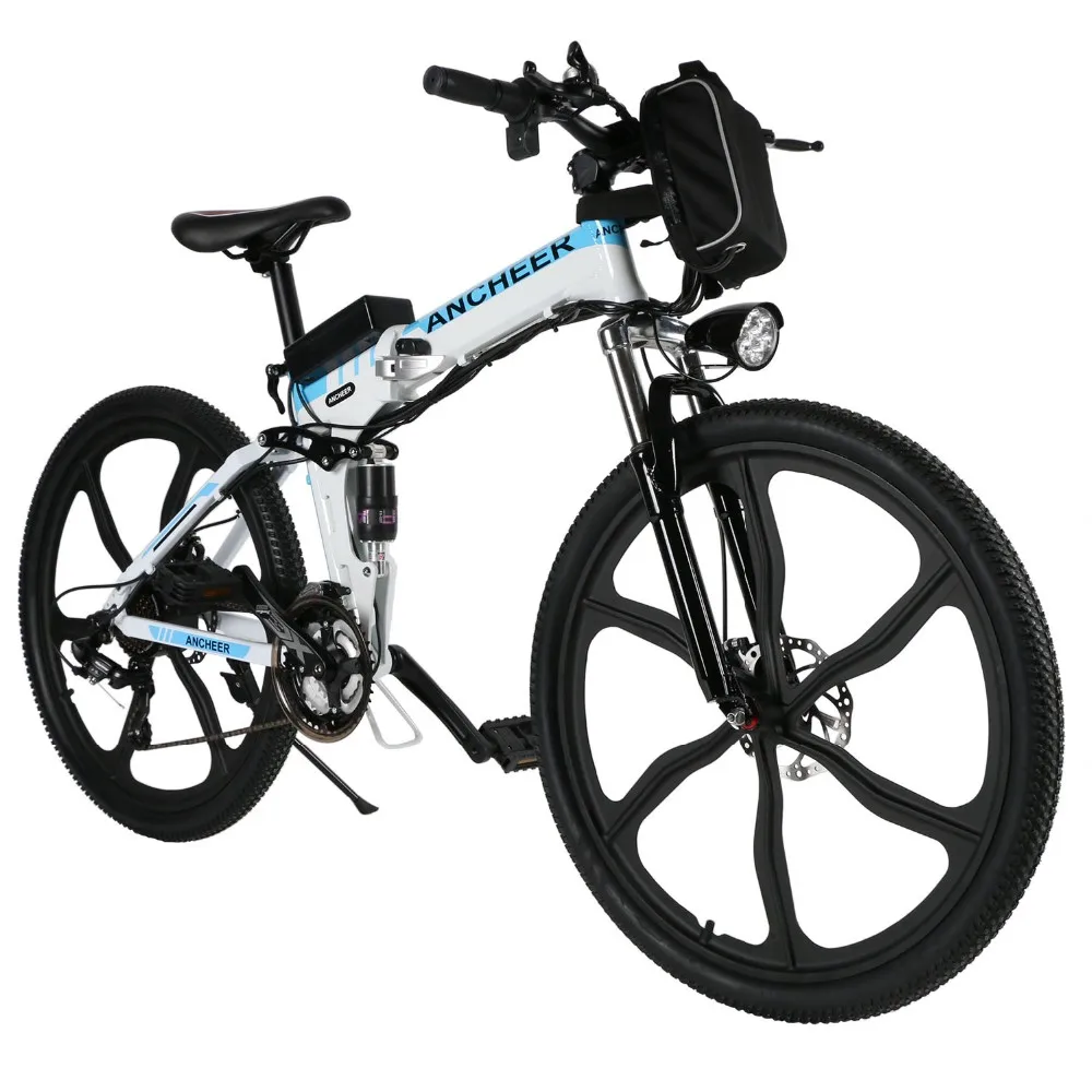 

Whit with Blue ebike 26inch electric Bike Foldable Electric Power Mountain Bicycle with Lithium-Ion Battery