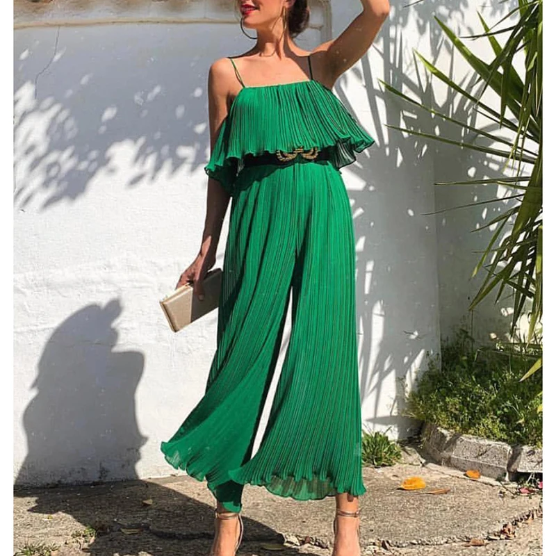 

Spaghetti strap Women Solid Green Plisse Onesies Women Wide Leg Jumpsuits Summer Beach Overalls