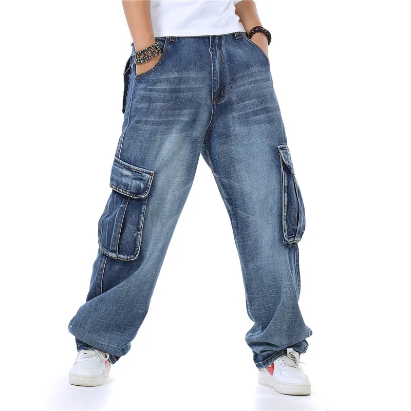 

New Fashion Brand Mens Straight Denim Cargo Pants Biker Jeans Men Baggy Loose Blue Jeans With Side Pockets Plus Size