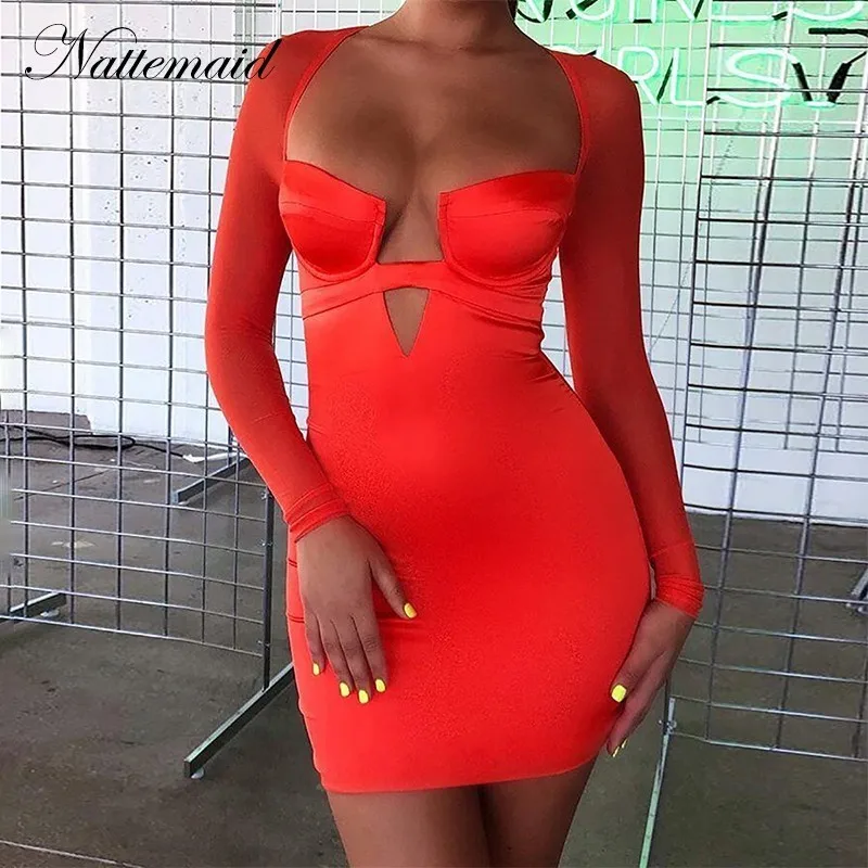 

NATTEMAID Backless Transparent Hollow Out Sexy Dress Elegant Slim Bodycon Dress Women Strapless Mini Party Dresses Vestidos