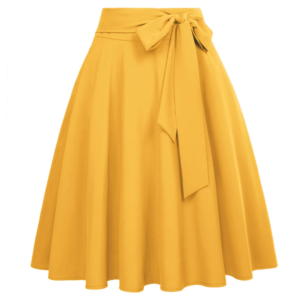 

Women Solid Color High Waist skirts Self-Tie Bow-Knot Embellished big swing keen length elegant retro A-Line Skirt faldas mujer