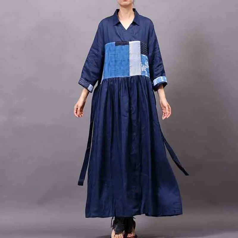

[YaLee] New Fashion 2019 Spring Summer Eometric Printed Lapel Splice Pleated Sashes Long Thin Big Size Dress Women Y809