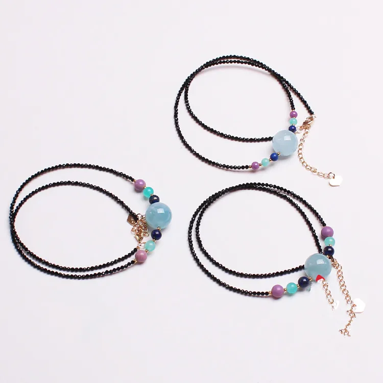 

Aquamarine /amazonite/starwberry quartz round chocker necklace black spinel round 16.5inch wholesale beads FPPJ red