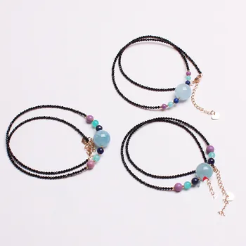 

Aquamarine /amazonite/starwberry quartz round chocker necklace black spinel round 16.5inch wholesale beads FPPJ red