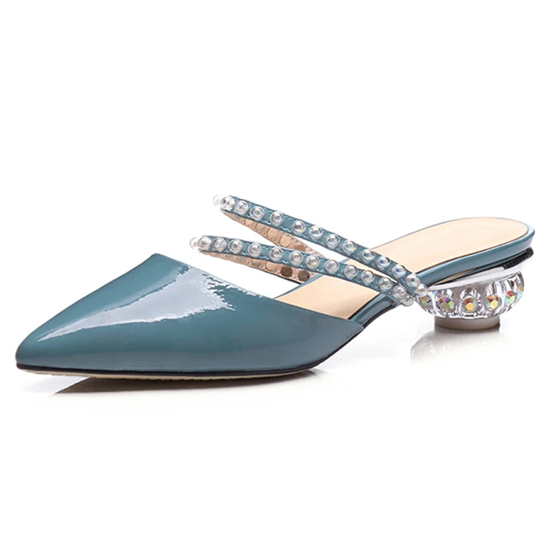 

Pointed-toe Bule Leather Women Mules 3.6 CM Chunky Heels Summer Pearls Party Slippers for Woman Slides Box packing T3-26