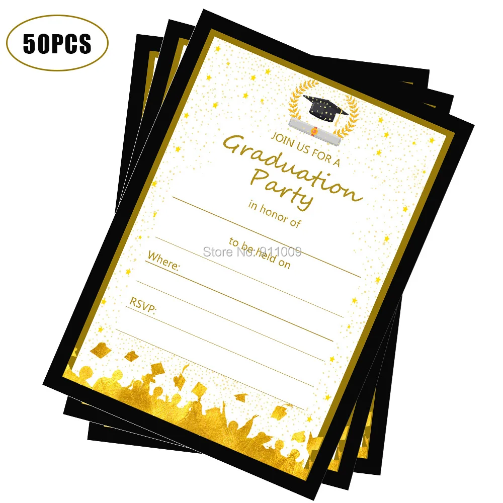  2019 Graduation Cards Invitations Black Gold Graduation Theme Party Decorations ZZ003 - 32982342406