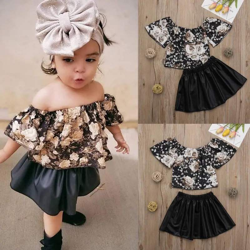 

2019 Summer Toddler Kids Baby Girl Cotton Floral Off-shoulder Tops Blouse Skirt Outfits 2PCS Clothes Set