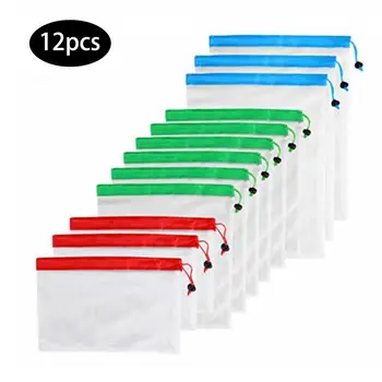 

12 Pack Reusable Produce Mesh Bags Organic Mesh Cotton Storage Bags For Fruits Vegetables Toys
