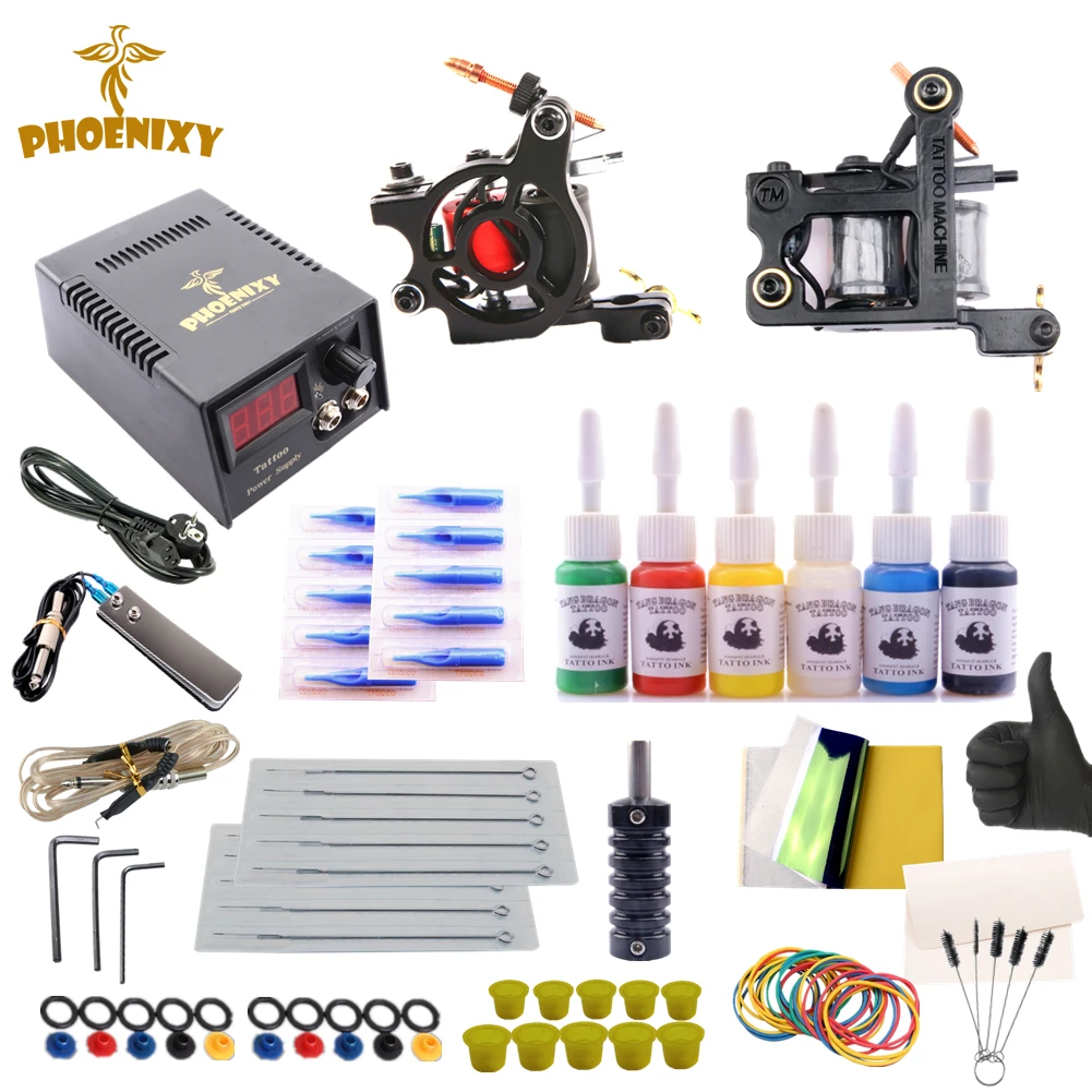 

Complete Tattoo Kit 2 Tattoo Machine Rotary Guns Black Inks Power Supply Set Body Art Tools Tattoo Permanent Makeup Tattoo Set