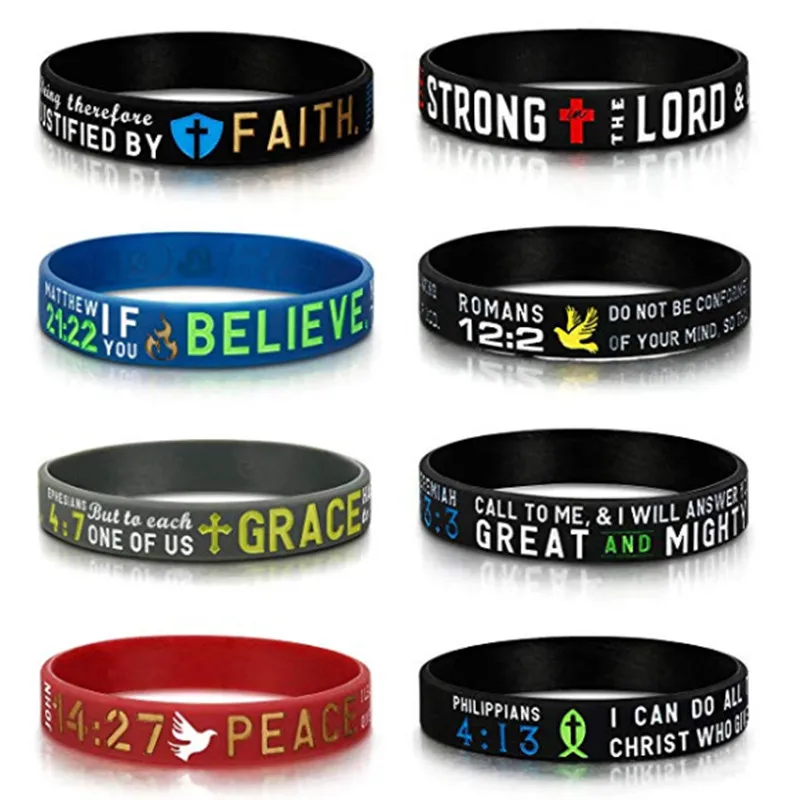 1pc Power of Faith Believe Grace Bible Verse Wristbands Black Silicone