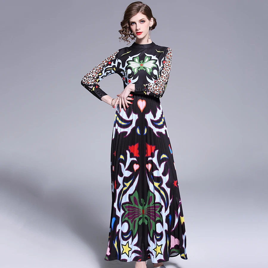 Весеннее винтажное Плиссированное длинное подиумное платье женское элегантное приталенное Повседневное Платье макси с длинным рукавом и стоячим воротником Vestidos