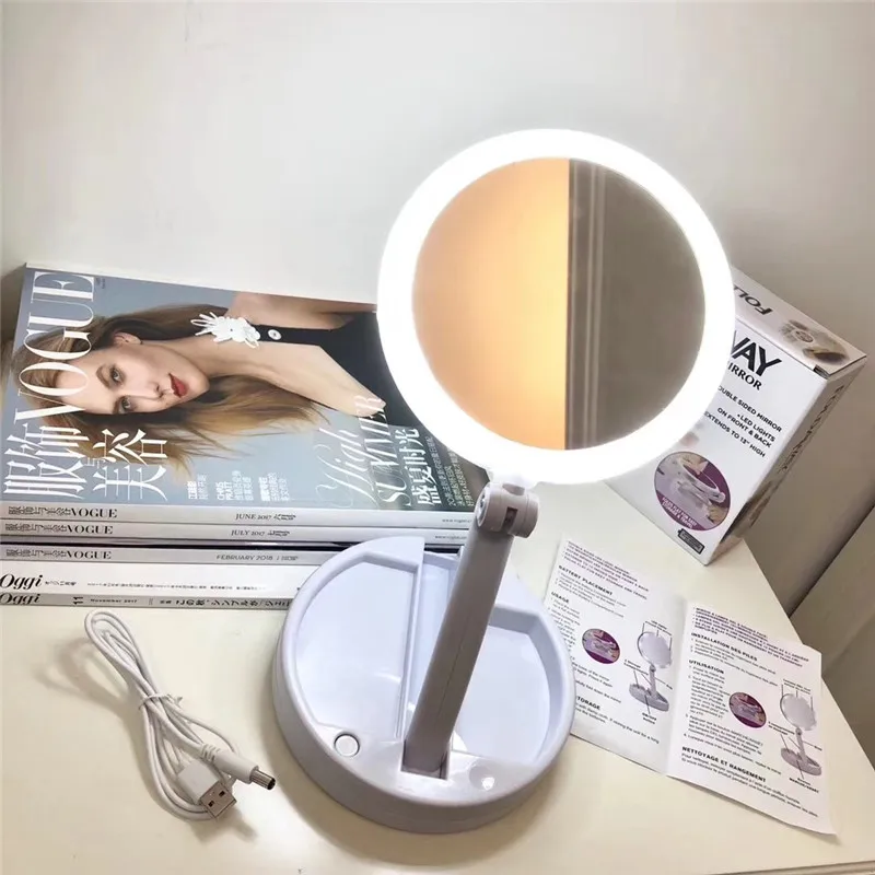 

CLAITE Portable LED Light Makeup Mirror Vanity Compact Make Up Pocket Mirrors Vanity Cosmetic Hand Magnifying Mirror Table Lamp