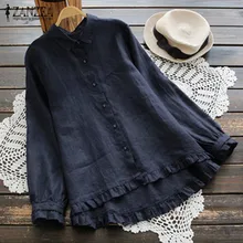 Zanzea 2021 elegante womenlapel pescoço manga longa babados camisa botões sólidos para baixo algodão linho blusa casual parte superior blusas