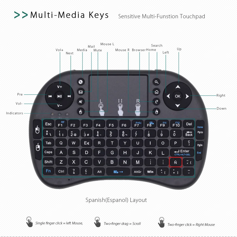 I8 Испанский макет 2,4G мини беспроводная клавиатура Air mouse с тачпадом для Android tv Box, мини-ПК, проекторы, ноутбуки