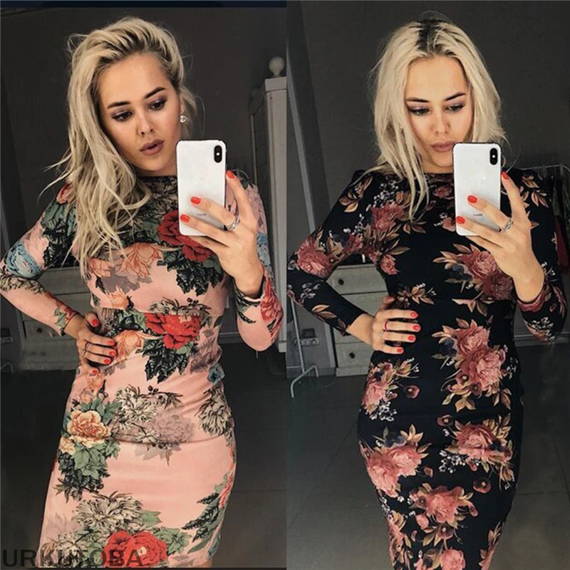 

Women Bandage Long Sleeve Floral Casual Dress Women mid-calf Dress Autumn Winter Female sexy Bodycon new year party Dresses