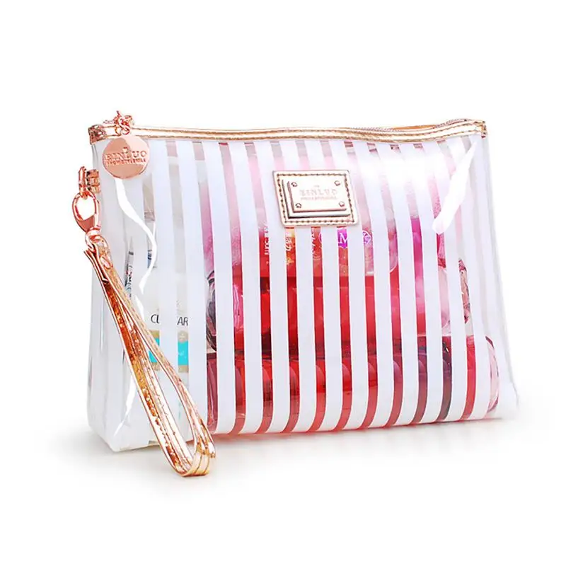 

Casual Transparent Stripe Storage Bag For Women Ladies Beauty Wash Makeup Bag Girls PVC Travel Cosmetic Organizer Bag