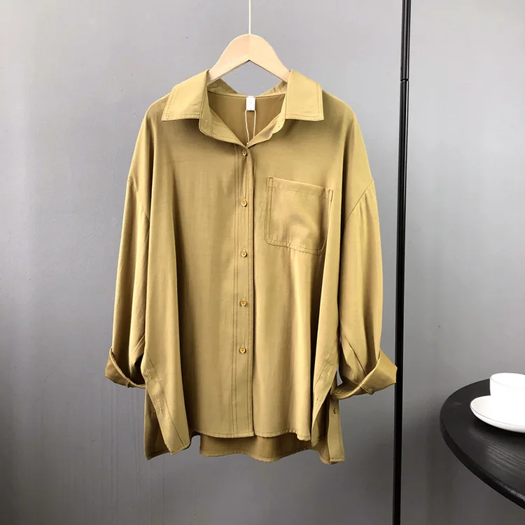 

Khaki Chiffon Women Shirts Long Sleeve Turn Down Collar Long Sleeve White Blouse