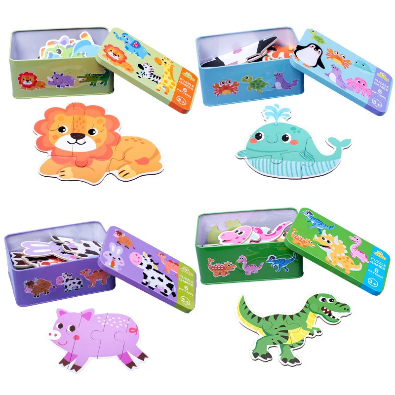 Детские деревянные игрушки 6 в 1, Детские Мультяшные животные, динозавры, железная коробка, Монтессори, Обучающие подарки, игрушки-головоломки
