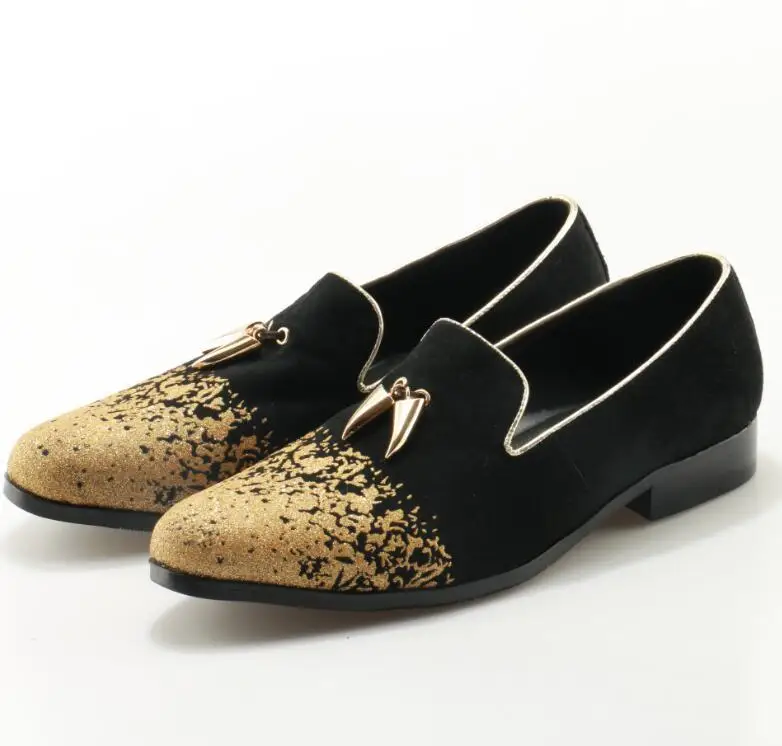 

Fall Gold Bordered Round Toe Slip On Luxury Design Men Loafers Flats Square Heel Spatoas Mujer Metal Double chili Decor Shoes