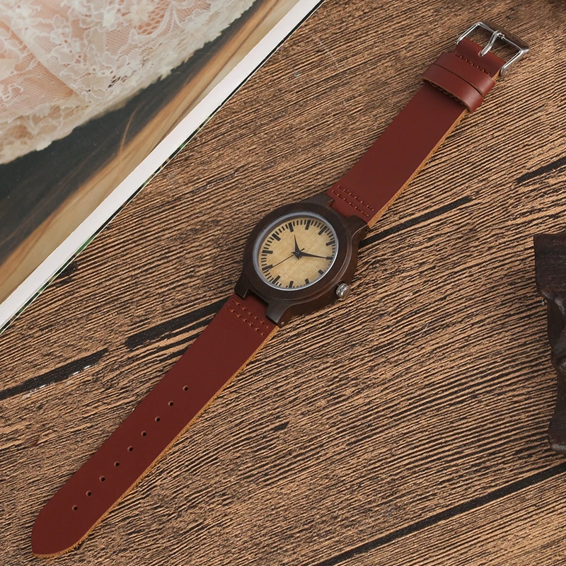Уникальные круглые деревянные часы с циферблатом без слов, женские кварцевые Ретро часы с темно-коричневым кожаным браслетом, женские наручные часы, Reloj Mujer
