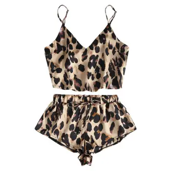 

Hirigin New 2pcs Women Sexy Spaghetti Strap Tank Shorts Leopard Print Lace Sleepwear Babydoll Nightwear Pajamas Set