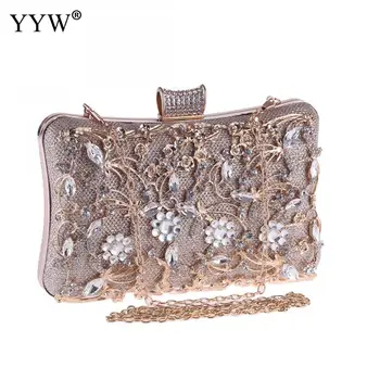 

Luxury Diamonds Evening Party Bags For Women Chic Beading Gold Metail Hollow Flower Elegant Ladies Crossbody Silver Clutch Bags