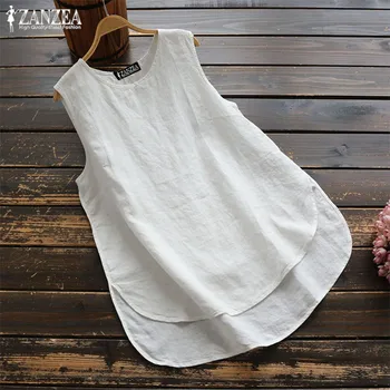 

Plus Size Summer Tanks Tops Women's Asymmetrical Blouse ZANZEA 2020 Fashion Linen Blusas Female Sleeveless Chemise Tunic Shirts
