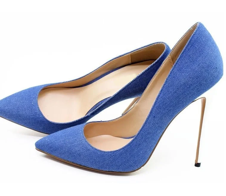 

Hot Selling Blue Black Denim Pointed Toe Women Shoes High Heels White Heels Slip-on Ladies Wedding Dress Shoes Bride Plus Size