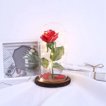 

Beauty And The Beast Rose , Glass Dome Led String Lights Inside Red Silk Rose With Wooden Base Forever Rose Best Gifts For Mom