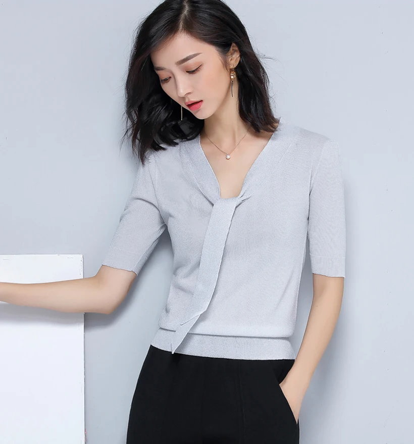 Spring and summer new style Bow streamer short sleeve Knitwear thin top Double bow tie top