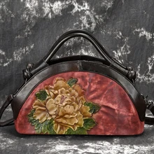 Женская сумка из натуральной кожи, сумка через плечо с рисунком лотоса, Ретро стиль, цветочный узор, женская сумка-мессенджер с верхней ручкой, женские сумки-тоут